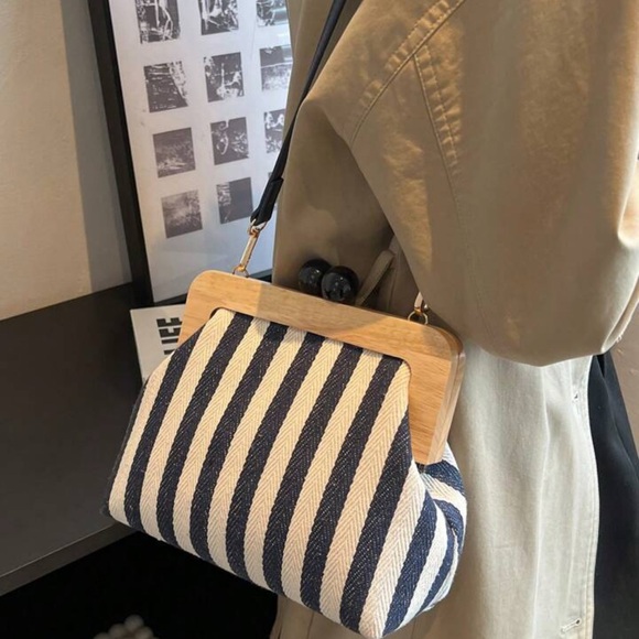 Striped crossbody bag shoulder striped handbag purse wood magnetic clutch canvas - Picture 5 of 10